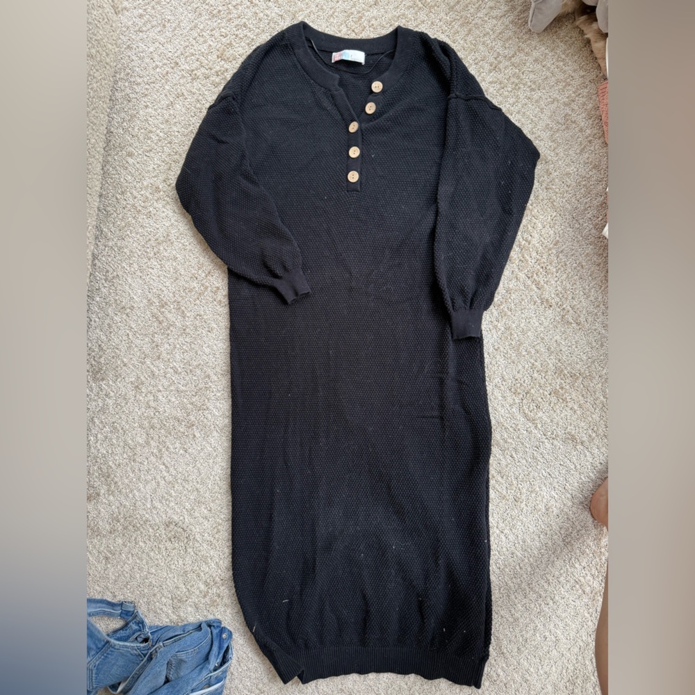 Free People Black Midi Dress with Button Detail